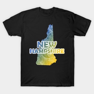 Colorful mandala art map of New Hampshire with text in blue and yellow T-Shirt